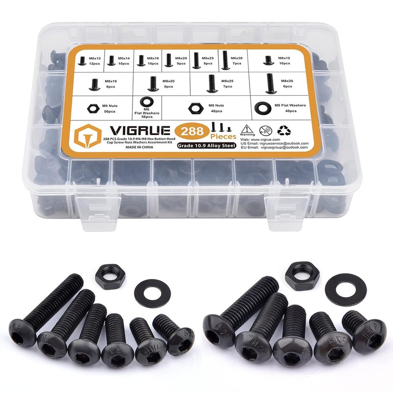 VIGRUE 288PCS M6 M8 Button Head Hex Socket Cap Screws Bolts Nuts Washer Assortment Kit, 10.9 Grade Alloy Steel Black Oxide, Fully Threaded - Image 1
